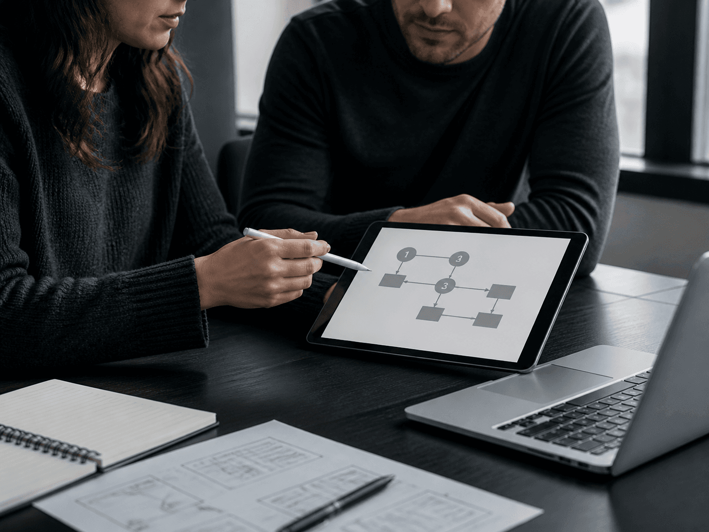 Two teammates reviewing a documented process together